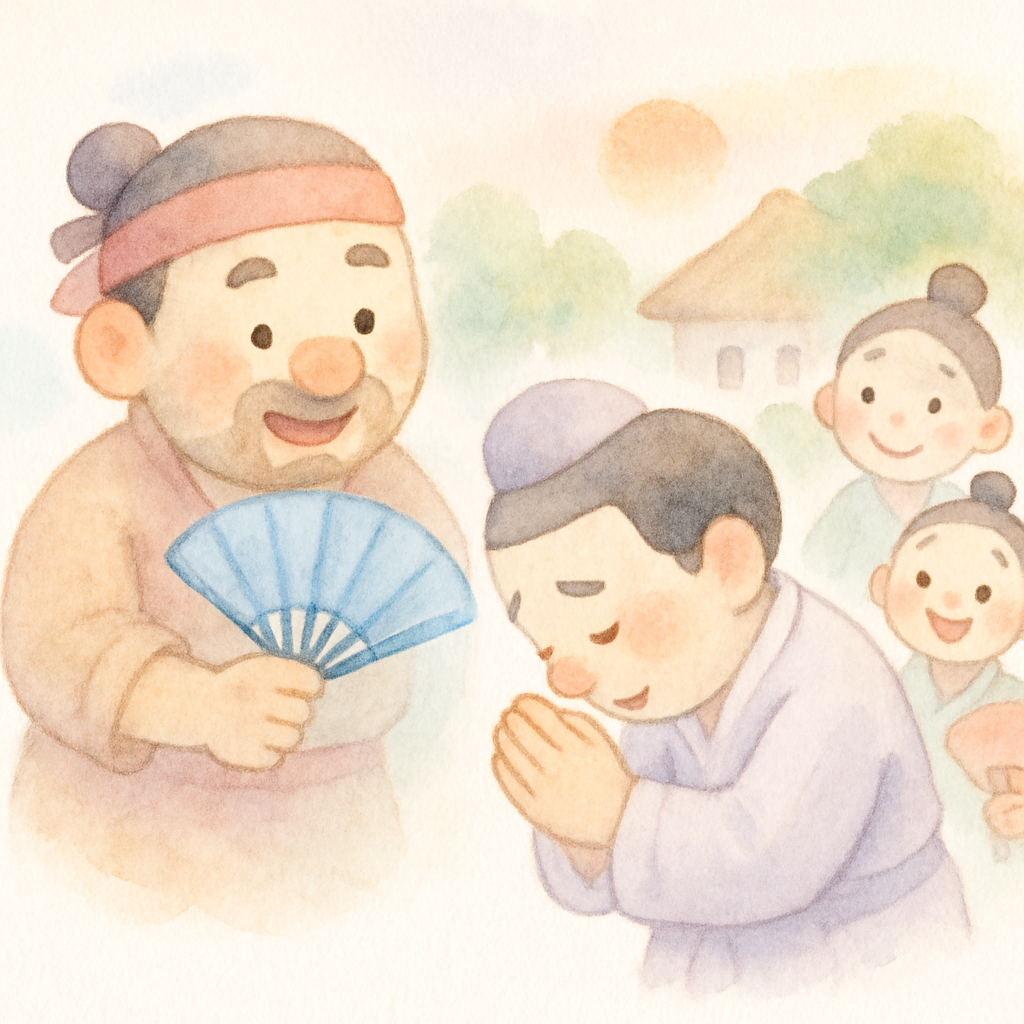 나무꾼이 파란 부채로 부자의 코를 원래대로 돌려주고 마을 사람들이 행복해하는 장면